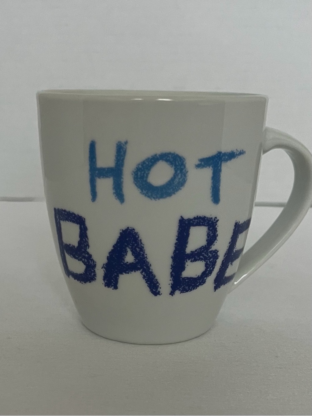 "HOT BABE" White Ceramic Mug with Blue Lettering